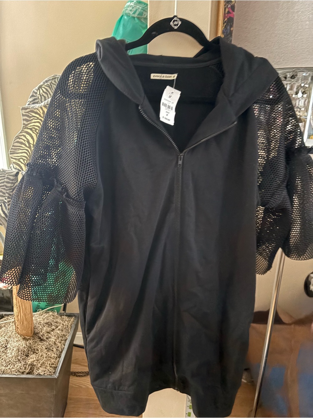 Emma and Sam Black Mesh-Sleeve Zip Hoodie Coat
